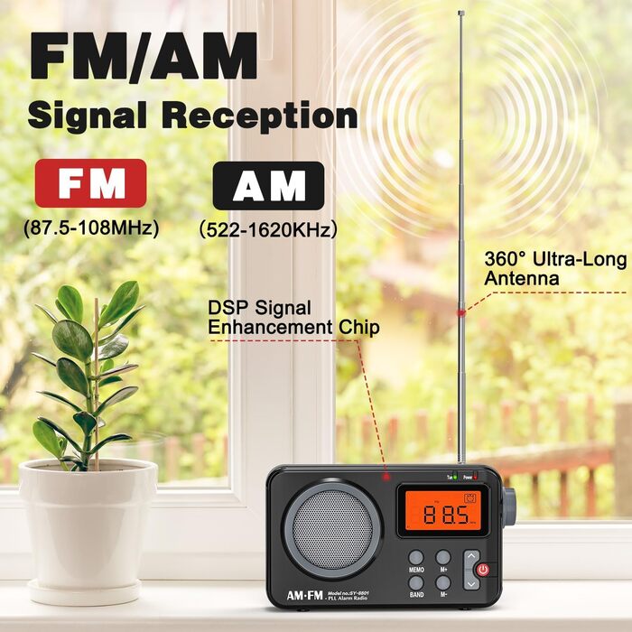 Радіо Tenda FM/UKW/AM з великим дисплеєм, таймером та будильником - транзисторне радіо з живленням від USB/батареї, чорне