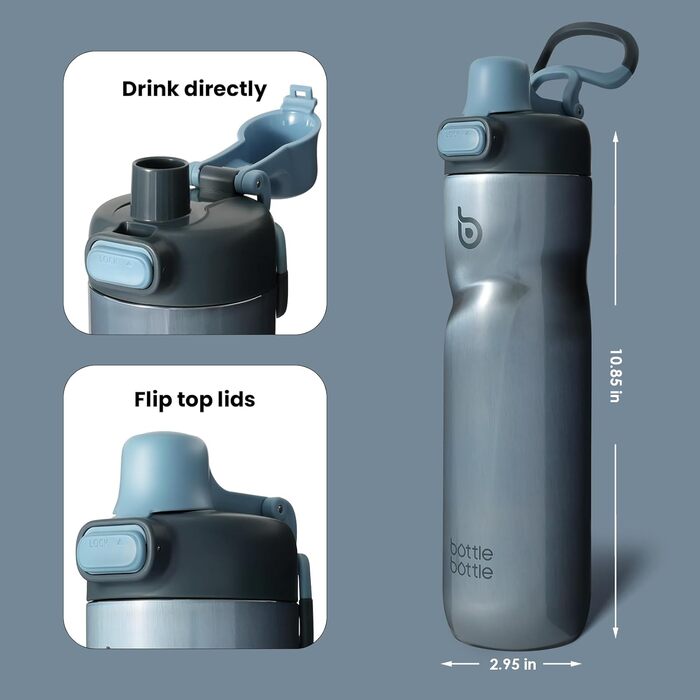 BOTTLE BOTTLE Insulated Water Bottle, 680 ml, with Handle and Flip-Top Lid, Bicycle Water Bottle, Push-Button Lid, Leak-Proof, Portable, for Travel, Sports, Riding, Green (Blue)