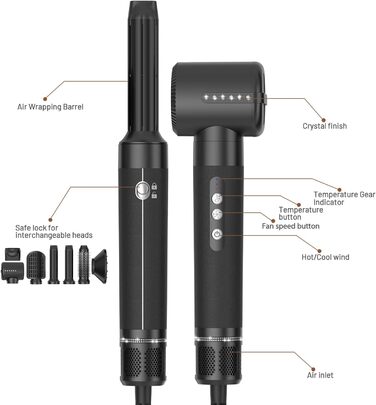 Фен-щітка UKLISS Airstyler 7-in-1 Pro: 7 функцій для створення зачісок, з насадкою-дифузором, автоматична локонова насадка, подарунковий набір для жінок (чорний)