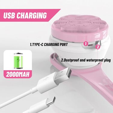 Electric Duschbürste (Shower Brush), Electric Back Brush with Long Handle, Back Brush Shower Massage Brush with 6 Cleaning Heads, Bath Brush for Spa Shower Peeling Massage Brush (Pink)