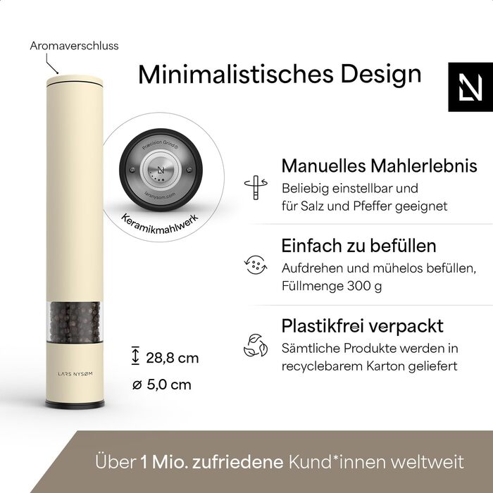 Мельниця для перцю LARS NYSØM ручна велика (28,8 см) з регульованим керамічним млинком | Мельниця для солі та перцю | 1 шт.