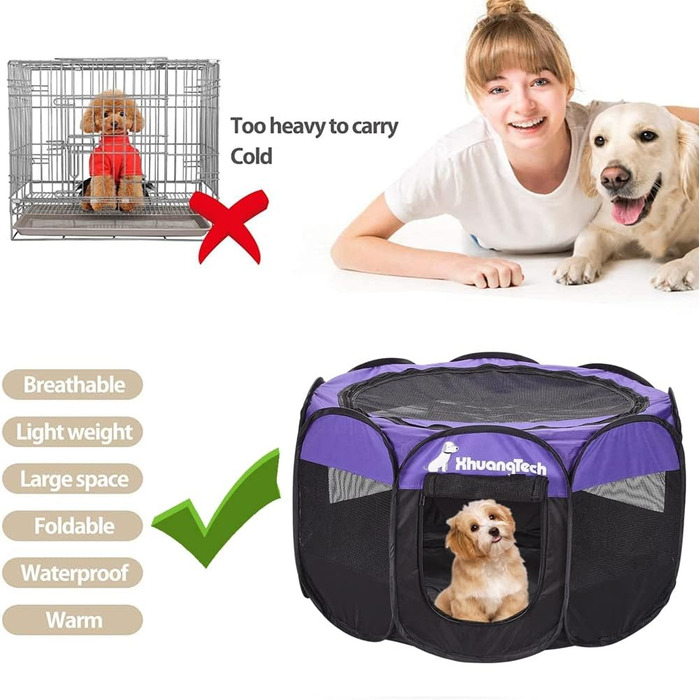 Клітка-манеж для тварин XhuangTech: собаки, коти, цуценята, 80x80x58,4 см, м'яка тканина, портативна, складна, для дому та вулиці, фіолетовий/чорний