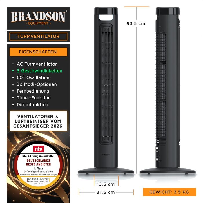 Вентилятор підлоговий Brandson з LED дисплеєм та пультом дистанційного керування - 3 швидкості, поворотний, надтихий