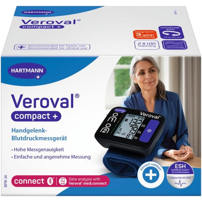 Тонометр Veroval Compact + на плечі, BPU 26: виявлення фібриляції передсердь (AFib), передача даних у додаток, Bluetooth