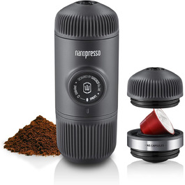 Портативна еспресо-машина WACACO Nanopresso з NS-адаптером, сумісна з капсулами Nespresso та меленим кавою, ручна кавоварка для подорожей і кемпінгу