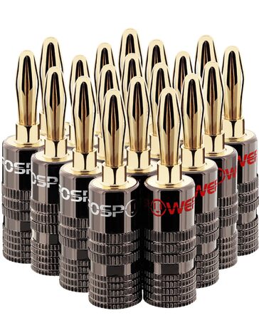 Позолочені бананові роз'єми FosPower для акустичних кабелів, сабвуфера та стінових панелей, 24K золото, High-End (10 пар / 20 шт), червоні та білі