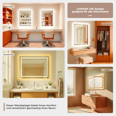 Дзеркало для ванної кімнати з підсвічуванням 60x50x3,5 см, LED, 6400K, біле світло, економія енергії, вертикальне/горизонтальне кріплення, антизапар, 3 колірні температури