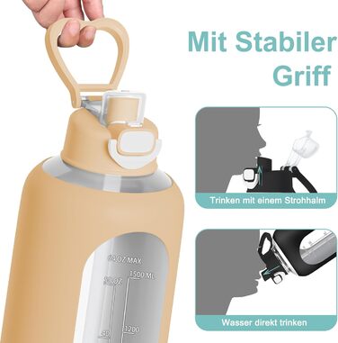 2 Liter Glass Water Bottle, 2L Glass Bottle, Glass Water Bottle with Straw, Bottle Brush (Amber)