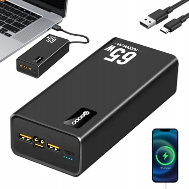 Потужний павербанк 50 000 mAh, чорний, з 4 USB-портами та швидкою зарядкою