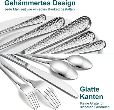Набір столових приборів Joyfair на 6 осіб (60 предметів), нержавіюча сталь, з молотком, ніж, виделка, ложка, елегантний столовий прибор для дому/вечірки/ресторану, блискучий, придатний для миття в посудомийній машині