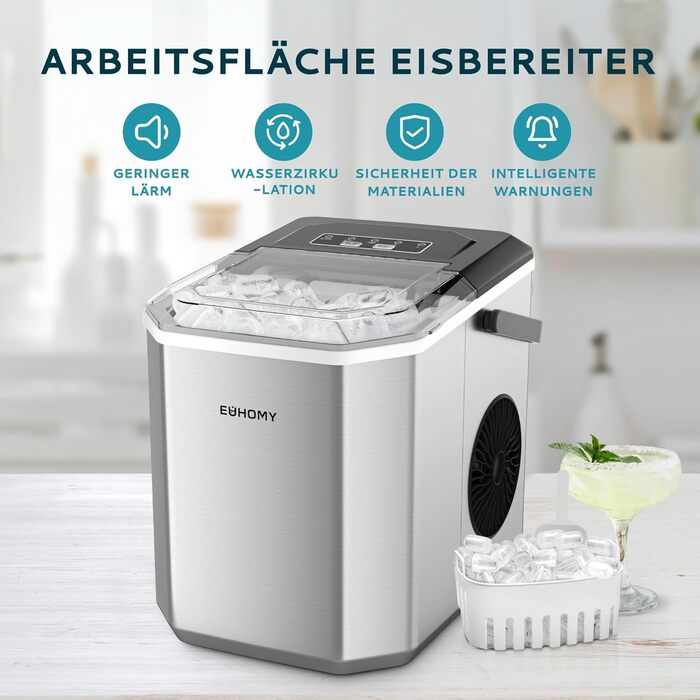 EUHOMY Ice Maker Machine - Countertop Ice Cube Maker for Home, Kitchen, Office, RV - Stainless Steel, 12kg/Day Capacity