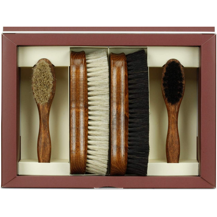 Langer & Messmer 4-Piece Shoe Brush Set made of Horsehair for the professional shoe care of smooth leather shoes - includes polishing brushes and cream brushes (4-piece set, Premium)