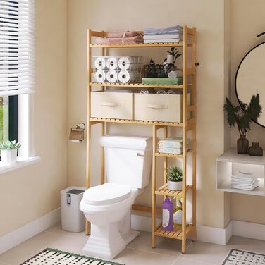 SMIBUY Over The Toilet Storage, 6-Tier Bamboo Bathroom Shelf with Drawers, Freestanding Over the Toilet Organizer Rack, Ample Storage, Space Saver for Small Spaces (Natural)