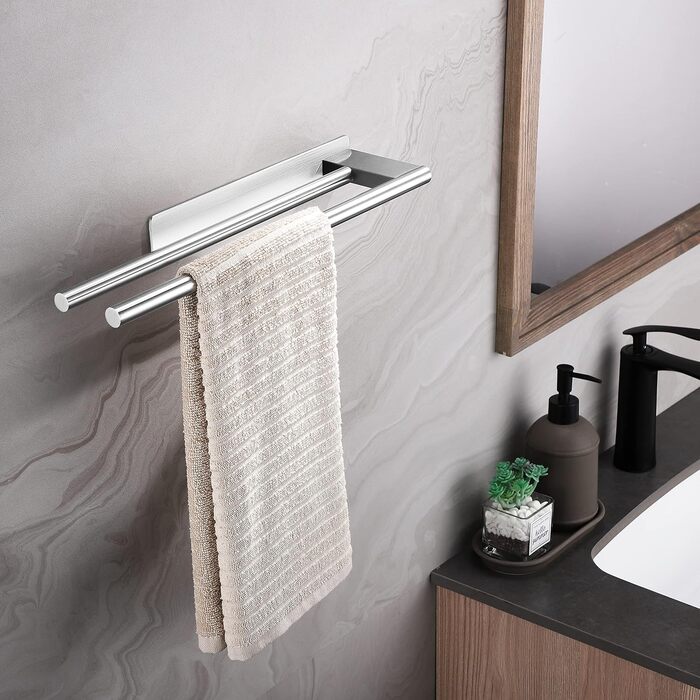 Тримач для рушників без свердління, подвійний, з нержавіючої сталі 304, з двома ручками, самоклеючий, для ванної кімнати та кухні, срібний