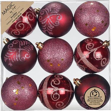 Набір ялинкових прикрас Inge-glas, 9 шт., 6 см, пластик, бордовий, з блискітками, міцні