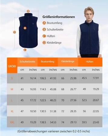 Обогрівальна жилетка з флісу для чоловіків з акумулятором 5V 10000mAh - жилетка для чоловіків з 3 рівнями нагріву, 5 зонами обігріву, ідеальна для роботи на відкритому повітрі, катання на лижах, піших прогулянок та щоденних поїздок (M, Морська синя)