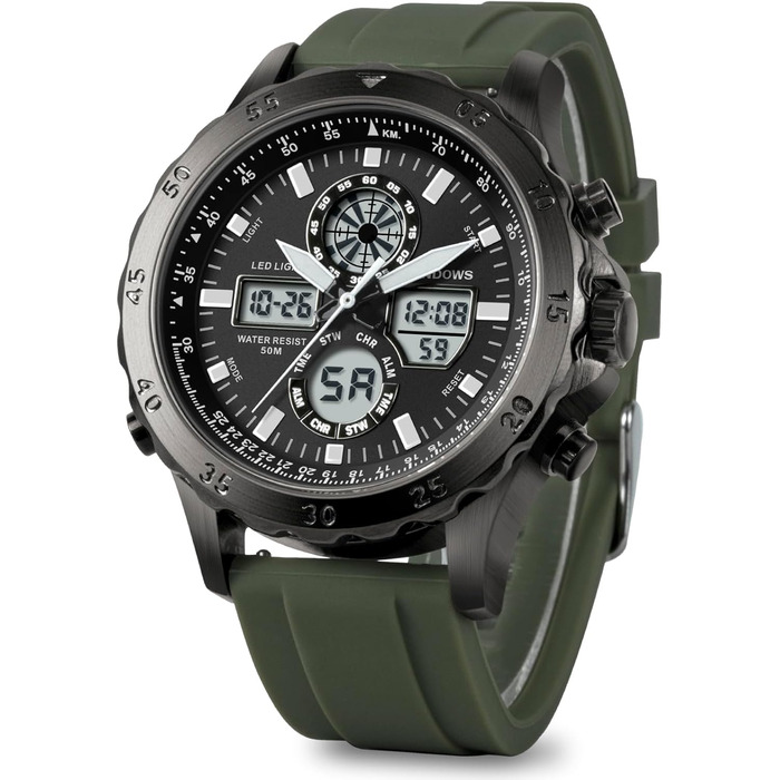 Годинники PINDOWS для чоловіків: водонепроникні спортивні годинники (аналогові/цифрові), багатофункціональні, з LED-підсвічуванням, будильником, секундоміром (зелено-чорні)