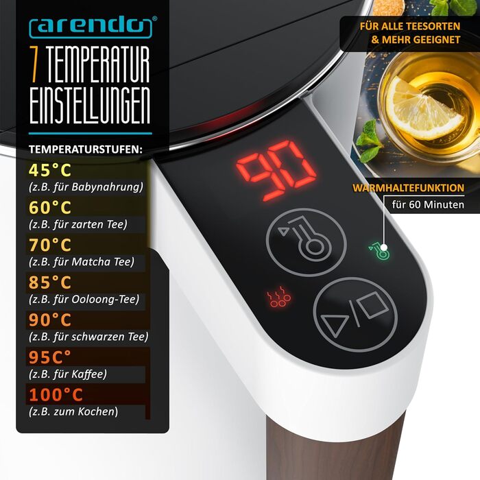Arendo - Stainless Steel Kettle with Temperature Setting - 45°C-100°C - 1.5 Liter - Double-Walled - BPA Free - Keep Warm Function - Tea Kettle with Temperature Display - Cool Touch Handle - matte white (B: Dark Handle)