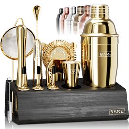 Професійний набір для коктейлів BARE BARREL Mixology Barkeeper Kit, 14 предметів, золотий, з шейкером Коблер 24oz та картками рецептів
