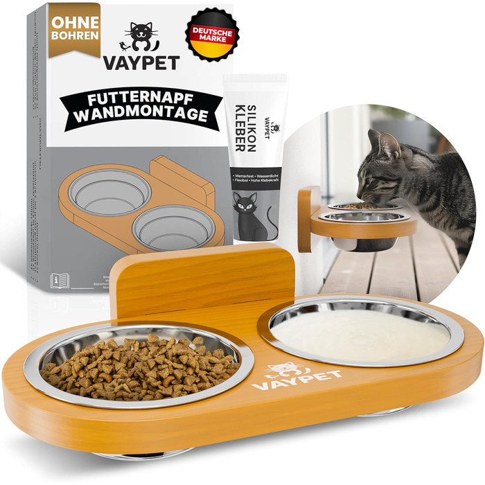 Підвищений годівниця для котів Doppel-Katzennapf з силіконовим клеєм для кріплення на стіну без свердління. Плавучий годівниця для котів, довговічна чаша з нержавіючої сталі (дуб)