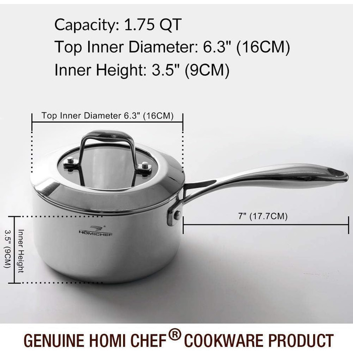 Каструля HOMICHEF з нержавіючої сталі з кришкою з термостійкого скла (1,7 л, 16 см) – тришарова, без нікелю