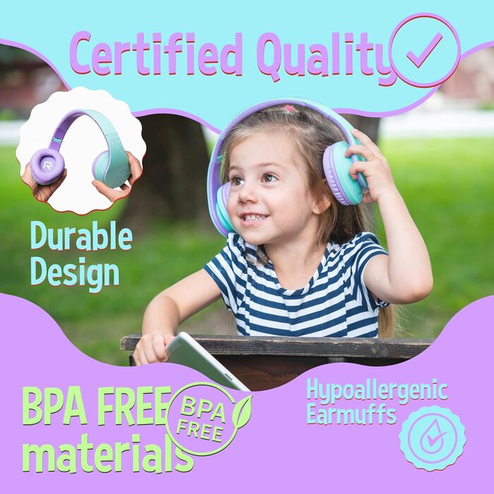 Дитячі навушники PowerLocus Bluetooth з обмеженням гучності 85dB, складні, з чохлом, Over-Ear, бездротові та провідні з мікрофоном, Micro-SD для телефону, ПК, планшета, зелені