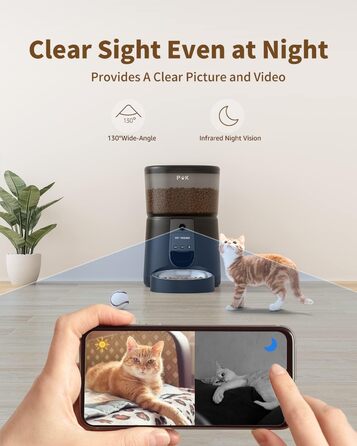 Автоматичний годівниця для котів PUPPY KITTY з камерою 1080P, WiFi, відео, аудіо, нічне бачення та миска з нержавіючої сталі. 1-8 прийомів їжі на день, чорний