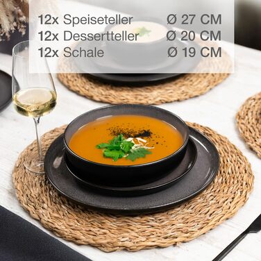 Набір посуду Moritz & Moritz VIDA на 12 осіб, 36 предметів, антрацит - сучасний порцеляновий сервіз, стійкий до подряпин, для мікрохвильової печі та посудомийної машини