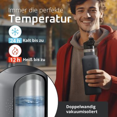 Фляга для води з нержавіючої сталі з трубочкою та інфузером, 3 кришки: без BPA, не протікає, підходить для газованої води - спортивна фляга, термофляга, ізотермос, дитяча фляга для чаю (530 мл, Cool Grey Bamboo)