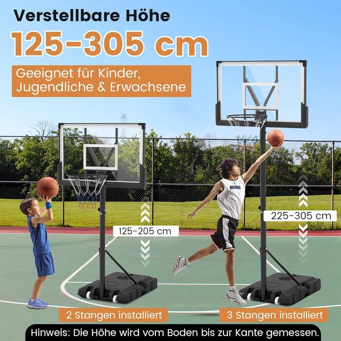 COSTWAY Adjustable Height Basketball Hoop System - Outdoor Mobile Basketball Stand with Wheels & Weight Bag (125-305cm)