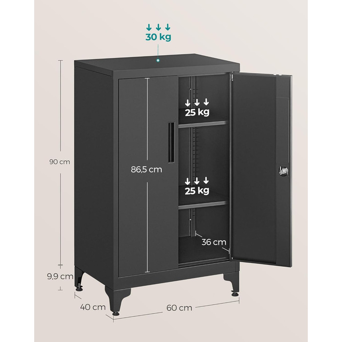 SONGMICS File Cabinet, Multi-Purpose Cabinet, Office Cabinet with 2 Doors, Lockable Cabinet, Steel Storage Cabinet, for Study Room, Living Room, Matte White OMC012W01 (60B cm, Matte Black)