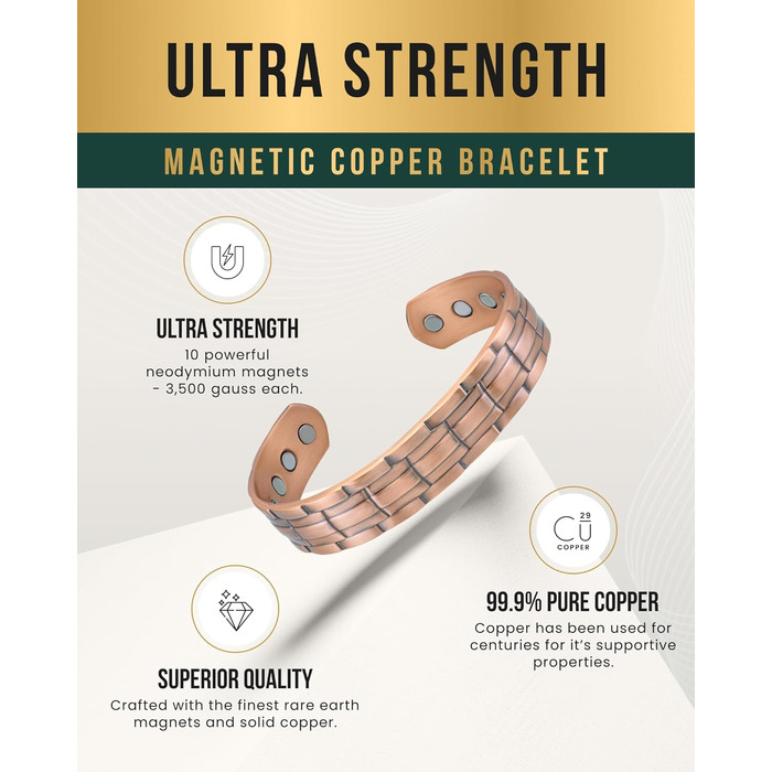 Браслет на руку чоловічий MagnetRX® з чистої міді – Мідний браслет для чоловіків для магнітної терапії – Ідеально при артриті та синдромі карпального тунелю – З інструментом для регулювання довжини (з клеймом, мідний манжет)