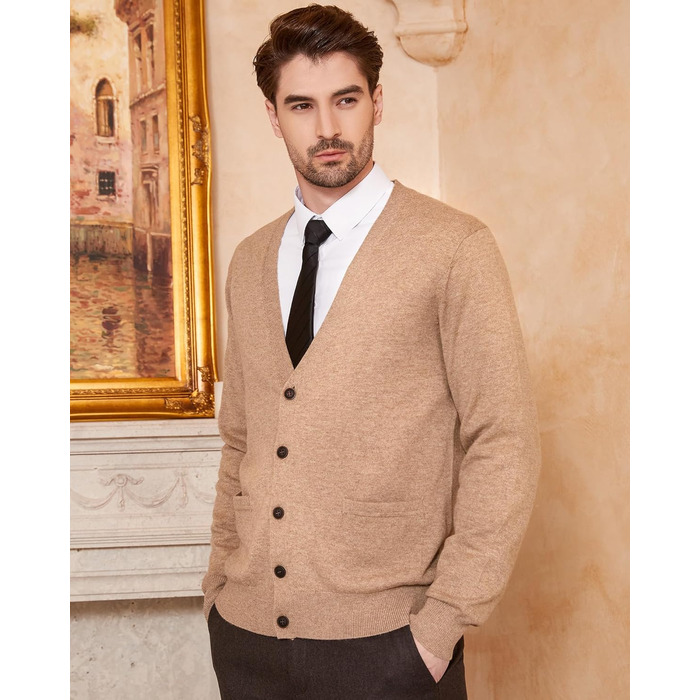 Чоловічий кардиган Kaspin з вовняної суміші, V-подібний виріз, ґудзики та кишені (колір кава, розмір S)