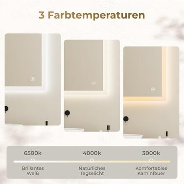 Дзеркало для ванної кімнати з підсвічуванням LED 80x60 см, регульоване, 3 кольори світла (3000K/4000K/6500K), антизапарник, вертикальна/горизонтальна установка, без збільшення 3x