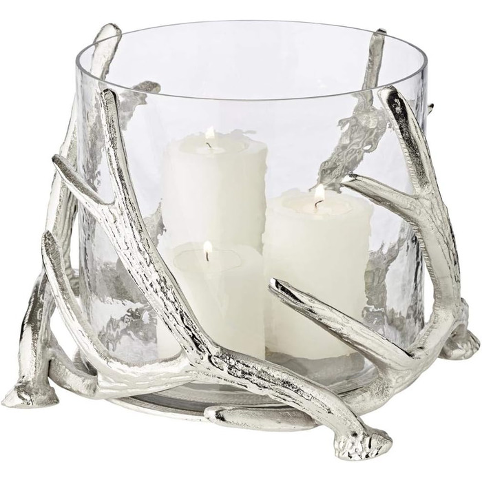 EDZARD Hurricane Candle Holder Kingston, Deer Antler Design, Silver, Nickel-Plated Aluminum, with Glass, Height 13 cm, Diameter 15 cm (Height 20 cm, Diameter 25 cm)