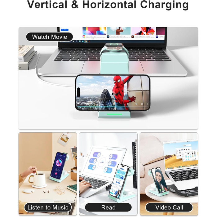 Бездротова зарядка 3-в-1 для Apple Watch, iPhone та AirPods Pro (білий/зелений)