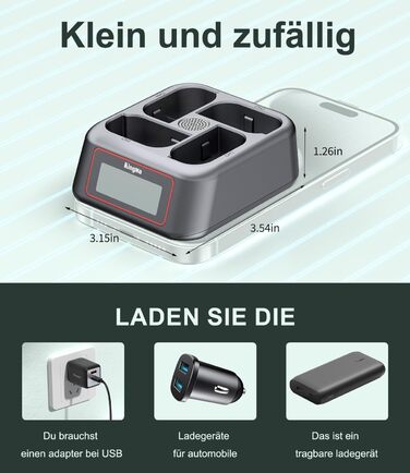 Зарядний пристрій King Ma для акумуляторів камер, 4-канальний, 45W PD, LED-дисплей, сумісний з Sony A7III/A7IV/A7RIII/A7RV/A7C/A7CII/A6700/A9/A9III/A1/ZV-E1/FX3/FX30 (DMW-BLK22)