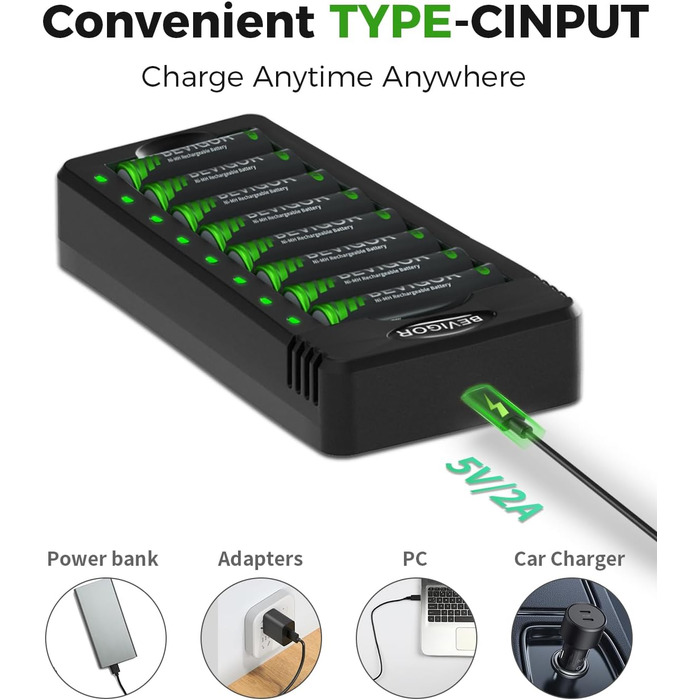 Набір акумуляторів AA NI-MH від Bevigor: 8 шт. + зарядний пристрій, 8 позицій