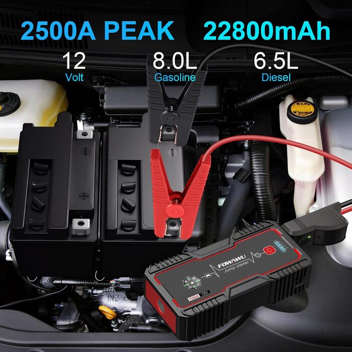 Бустерумулятор FOWAWU 2500A 22800mAh для автомобіля (бензин до 8л, дизель до 6.5л), пусковий пристрій для авто