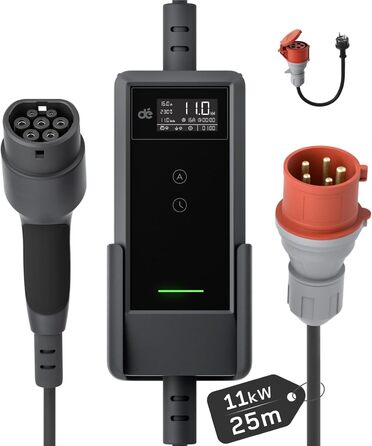 Мобільна зарядна станція/Wallbox Dé 11 кВт (3 фази, 6-16A) з регульованою потужністю, кабель CEE 16A - Type 2, для електромобілів Model Y/3, ID.3/4/5, MG4, EX30, e-up, e-tron та BEV/PHEV (CEE 11kW, 25м)