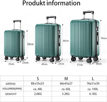 Чемодан 3-секційний, з твердим корпусом, темно-зелений (L)