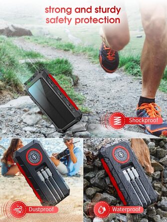 Power Bank 52800 mAh Red з сонячною зарядкою, бездротовою зарядкою, водонепроникний, 5 виходів, 3 входи, ліхтарик, карабін, QC 30W та USB C PD 20W для мобільних телефонів