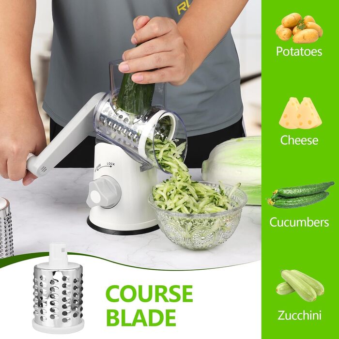 Механічна тертка для сиру та овочів Diealles Shine з ручкою, 3 змінні леза з нержавіючої сталі, для сиру, овочів, горіхів, кави, білий колір