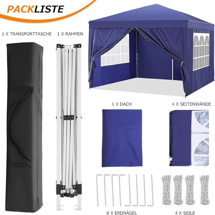 COBIZI Pavilion 3x3 Waterproof Folding Pavilion with 4 Side Panels Outdoor Folding Pavilion Stable UV Protection 50+ Pop-Up Garden Pavilion Party Tent for Outdoors, Garden, Party, Wedding, Market (3x3m Navy Blue)