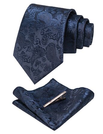 Краватка чоловіча JEMYGINS Graziös Paisley, блакитна з краваткотримачем та хустинкою