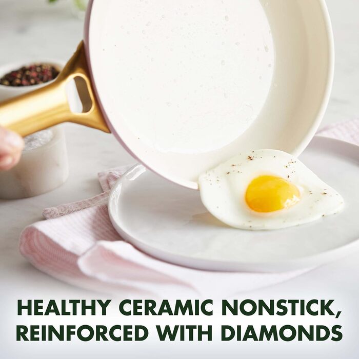 GreenPan Reserve Hard Anodized Healthy Ceramic Non-Stick Cookware Set, 10 Pieces, Including Frypans, Sauté Pan, and Saucepan, Gold Handle, PFAS-Free, Induction, Oven-Safe, Rosy Red 10-Piece Cookware Set Light Pink