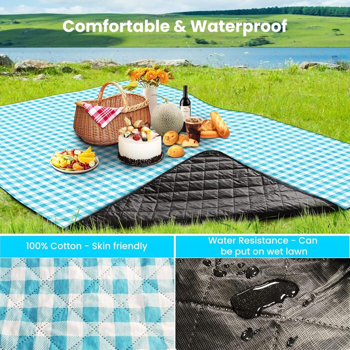 AOSTOK Плед для пікніка, пляжний килимок, вологостійкий з ручкою, 200x150 см, блакитний