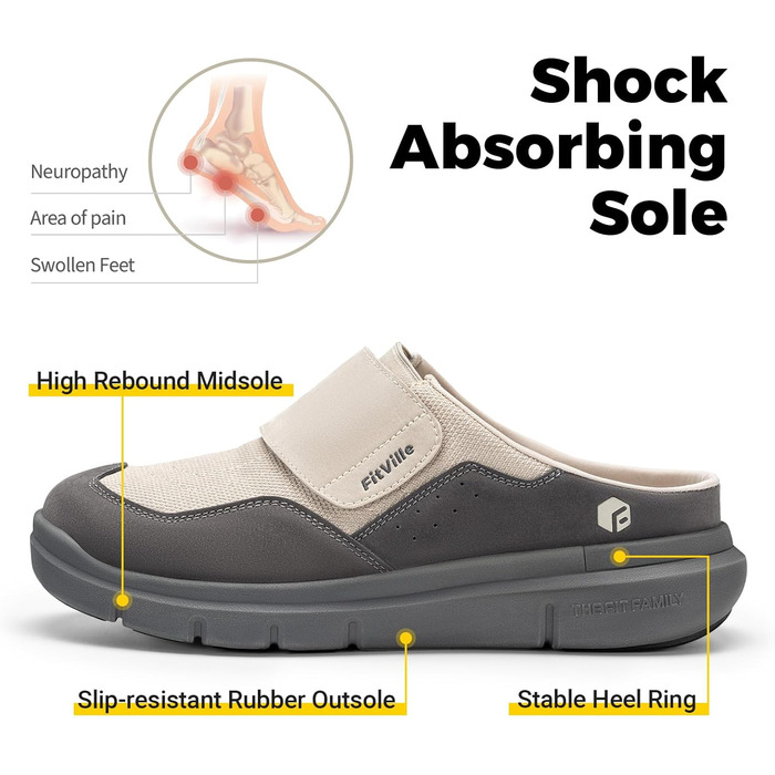 Домашні тапочки для чоловіків FitVille з широкою колодкою, з застібкою на липучці, з підтримкою склепіння стопи, розмір 41-50, бежевий, сірий