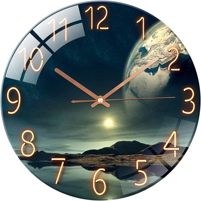 ALEENFOON Glass Wall Clock 30cm Silent Non-Ticking Decorative Round Wall Clock for Living Room Kitchen Bedroom Hallway Office (Ocean Wonder)