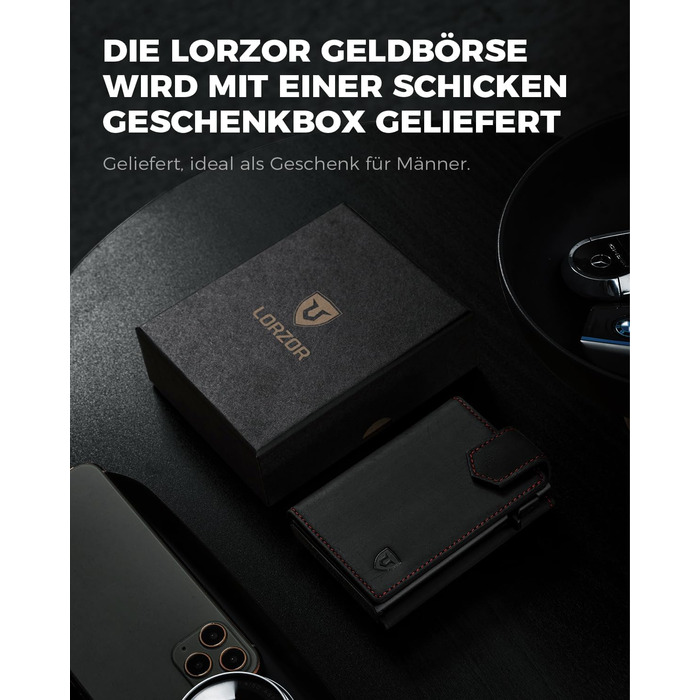 Чоловіче картхолдер LORZOR® з магнітною застібкою, slim-гаманець з відділенням для монет, RFID захист, для 10 карт, чорний/червоний
